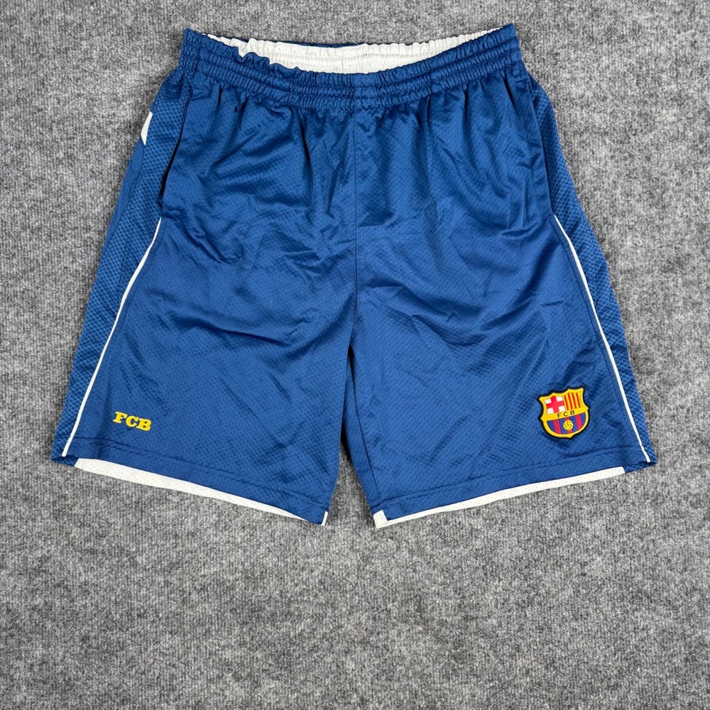 FCB Shorts Mens Size L Blue FC Barcelona Soccer Athletic Mesh Trim Elastic Waist